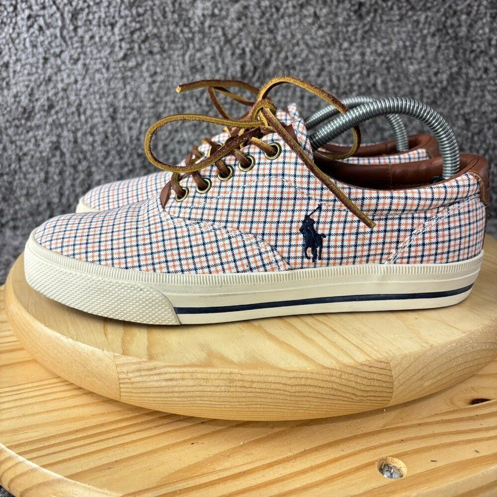 Polo Ralph Lauren Vaughn Shoes Mens 7.5 Leather Canvas Plaid Casual Sneaker